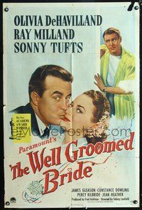 5e964 WELL GROOMED BRIDE style A 1sh '46 art of Olivia de Havilland & Ray Milland kiss close up!