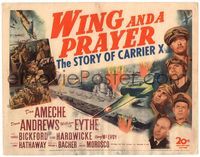 5f307 WING & A PRAYER TC '44 Don Ameche, Dana Andrews, really cool WWII naval battle art!