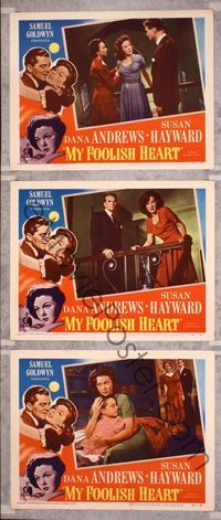 5g745 MY FOOLISH HEART 3 LCs '50 Susan Hayward & Dana Andrews, written by J.D. Salinger!