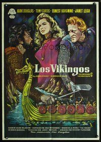 5k394 VIKINGS Spanish '58 MCP art of Kirk Douglas, Tony Curtis & sexy Janet Leigh!