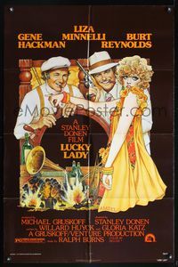 5p565 LUCKY LADY 1sh '75 Richard Amsel art of Gene Hackman, Liza Minnelli, Burt Reynolds!