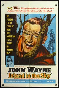 5q413 ISLAND IN THE SKY 1sh '53 William Wellman, close up art of big John Wayne in tree!