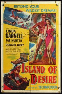 5q414 ISLAND OF DESIRE 1sh '52 full-length art of sexy Linda Darnell & barechested Tab Hunter!