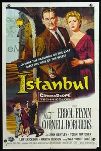 5q419 ISTANBUL 1sh '57 art of Errol Flynn & Cornell Borchers in Turkey's city of a thousand secrets