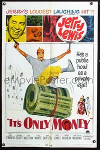 5q425 IT'S ONLY MONEY 1sh '62 wacky private eye Jerry Lewis is a public howl!