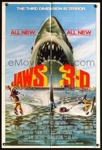 5q432 JAWS 3-D 1sh '83 great Gary Meyer shark artwork, the third dimension is terror!