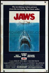 5q430 JAWS 1sh '75 artwork of Steven Spielberg's classic man-eating shark attacking sexy swimmer!