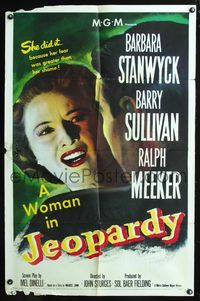 5q434 JEOPARDY 1sh '53 Barbara Stanwyck struggles with kidnapper Ralph Meeker, film noir!