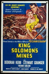 5q467 KING SOLOMON'S MINES 1sh R62 art of Deborah Kerr & Granger, stampeding African animals!