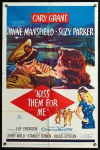 5q471 KISS THEM FOR ME 1sh '57 romantic art of Cary Grant & Suzy Parker, plus sexy Jayne Mansfield!