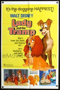 5q478 LADY & THE TRAMP 1sh R72 Walt Disney romantic canine classic cartoon, spaghetti scene!