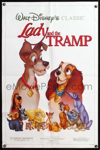 5q479 LADY & THE TRAMP 1sh R86 Walt Disney romantic canine classic cartoon!