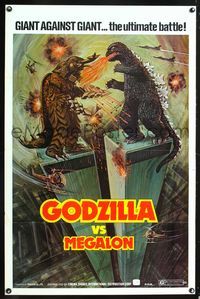 5x412 GODZILLA VS. MEGALON 1sh '73 Gojira tai Megaro, Toho, battling on top of World Trade Center!