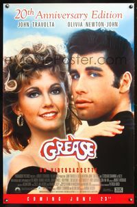 5x424 GREASE video advance 1sh R98 close up of John Travolta & Olivia Newton-John in classic musical