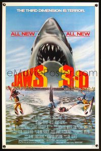 5x484 JAWS 3-D 1sh '83 great Gary Meyer shark artwork, the third dimension is terror!