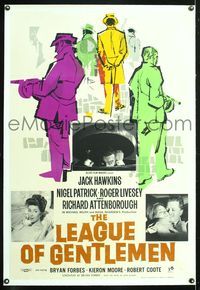 5z204 LEAGUE OF GENTLEMEN linen English 1sh '59 Jack Hawkins, cool art of gangsters w/tommy guns!