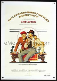 5z329 STING linen 1sh '74 best artwork of con men Paul Newman & Robert Redford by Richard Amsel!