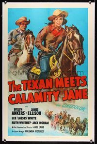 5z346 TEXAN MEETS CALAMITY JANE linen 1sh '50 art of cowgirl Evelyn Ankers & James Ellison on horses