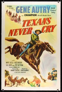 5z347 TEXANS NEVER CRY linen 1sh '51 great artwork of cowboy Gene Autry riding Champion!