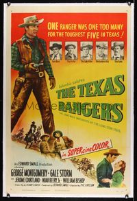 5z350 TEXAS RANGERS linen 1sh '51 full-length art of cowboy lawman George Montgomery!