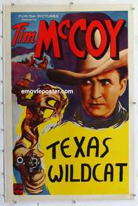 5z352 TIM MCCOY linen stock 1sh '30s cool artwork montage of cowboy Tim McCoy with gun & on horse!