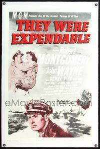 5z355 THEY WERE EXPENDABLE linen 1sh R50s John Wayne holding Donna Reed, directed by John Ford!