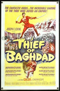 5z356 THIEF OF BAGHDAD linen 1sh '61 daring Steve Reeves does fantastic deeds and defies an empire!