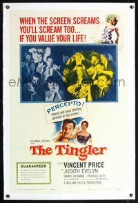 5z361 TINGLER linen 1sh '59 Vincent Price, William Castle, terrified audience, presented in Percepto