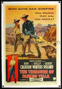 5z366 TREASURE OF PANCHO VILLA linen 1sh '55 art of cowboy Rory Calhoun with custom machine gun!