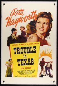 5z368 TROUBLE IN TEXAS linen 1sh R40s incredible huge portrait of sexy Rita Hayworth, top billed!