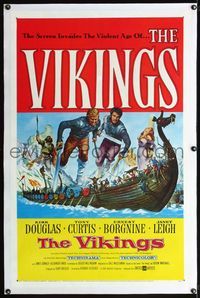 5z375 VIKINGS linen 1sh '58 cool art of Kirk Douglas, Tony Curtis & sexy Janet Leigh on long ship!