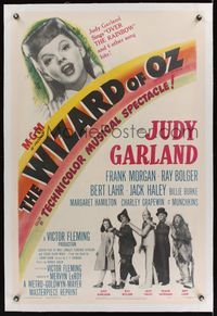 5z392 WIZARD OF OZ linen 1sh R49 full-length images of Judy Garland & co-stars, all-time classic!