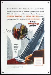 5z394 WRONG MAN linen 1sh '57 Henry Fonda, Vera Miles, Alfred Hitchcock, cool rear view mirror art!