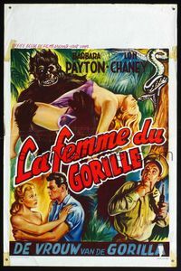 6c574 BRIDE OF THE GORILLA Belgian '51 artwork of unconscious Barbara Payton & ape, Lon Chaney!