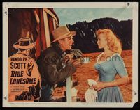 6f652 RIDE LONESOME LC #3 '59 close up of Randolph Scott romancing Karen Steele, Budd Boetticher