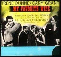 6m085 MY FAVORITE WIFE glass slide '40 Cary Grant, Irene Dunne, Randolph Scott, Gail Patrick