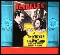 6m092 RAFFLES glass slide '39 great art of jewel thief David Niven & pretty Olivia de Havilland!