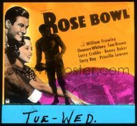 6m099 ROSE BOWL glass slide '36 Buster Crabbe in uniform holding football by famous stadium!