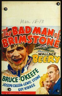 6r121 BAD MAN OF BRIMSTONE WC '37 huge headshot of outlaw Wallace Beery + Dennis O'Keefe & Bruce!