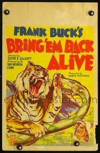 6r130 BRING 'EM BACK ALIVE WC '33 Frank Buck, cool art of tiger fighting giant snake in jungle!