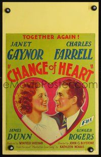 6r135 CHANGE OF HEART WC '34 artwork of Manhattan sweethearts Janet Gaynor & Charles Farrell!