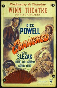 6r141 CORNERED WC '46 great artwork of Dick Powell pointing gun & Walter Slezak!