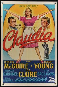 7e160 CLAUDIA 1sh '43 art of full-length Dorothy McGuire, Robert Young & Ina Claire!