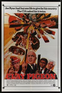 7e162 CLAY PIGEON 1sh '71 cool art of Telly Savalas shooting pistol, Robert Vaughn!