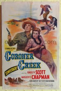 7e184 CORONER CREEK 1sh '48 Randolph Scott holds Marguerite Chapman as he points his gun!