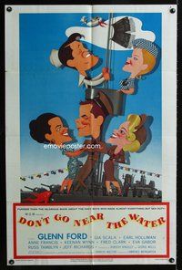 7e210 DON'T GO NEAR THE WATER 1sh '57 Glenn Ford, cool Jacques Kapralik art of stars on ship!