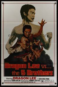 7e219 DRAGON LEE VS THE 5 BROTHERS 1sh '78 Wu da di zi, kung fu Bruce Lee ripoff art by Marcus!