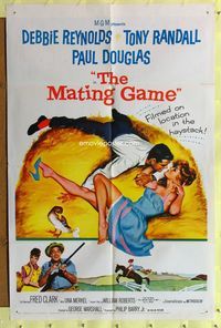 7e565 MATING GAME 1sh '59 Debbie Reynolds & Tony Randall are fooling around in the hay!