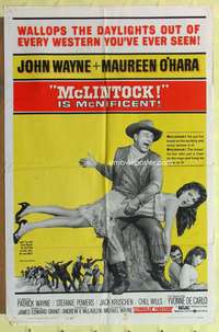 7e568 McLINTOCK 1sh '63 best image of John Wayne giving Maureen O'Hara a spanking!