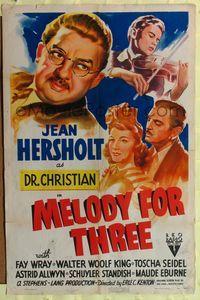 7e571 MELODY FOR THREE 1sh '41 great art of Jean Hersholt, Fay Wray & Walter Woolf King!